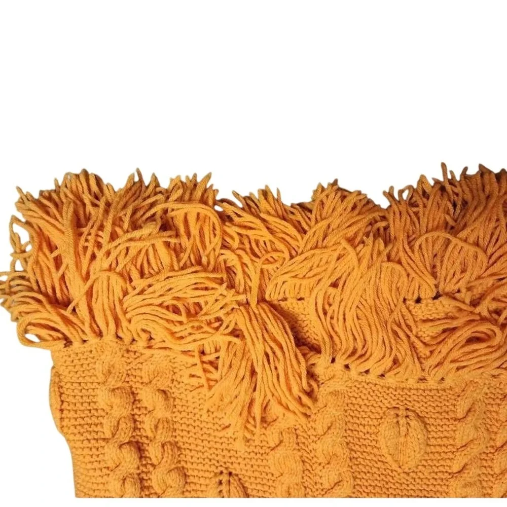Mustard Yellow Cable Knit Throw Blanket‎ with Fringe Boho Marigold Chunky Knit